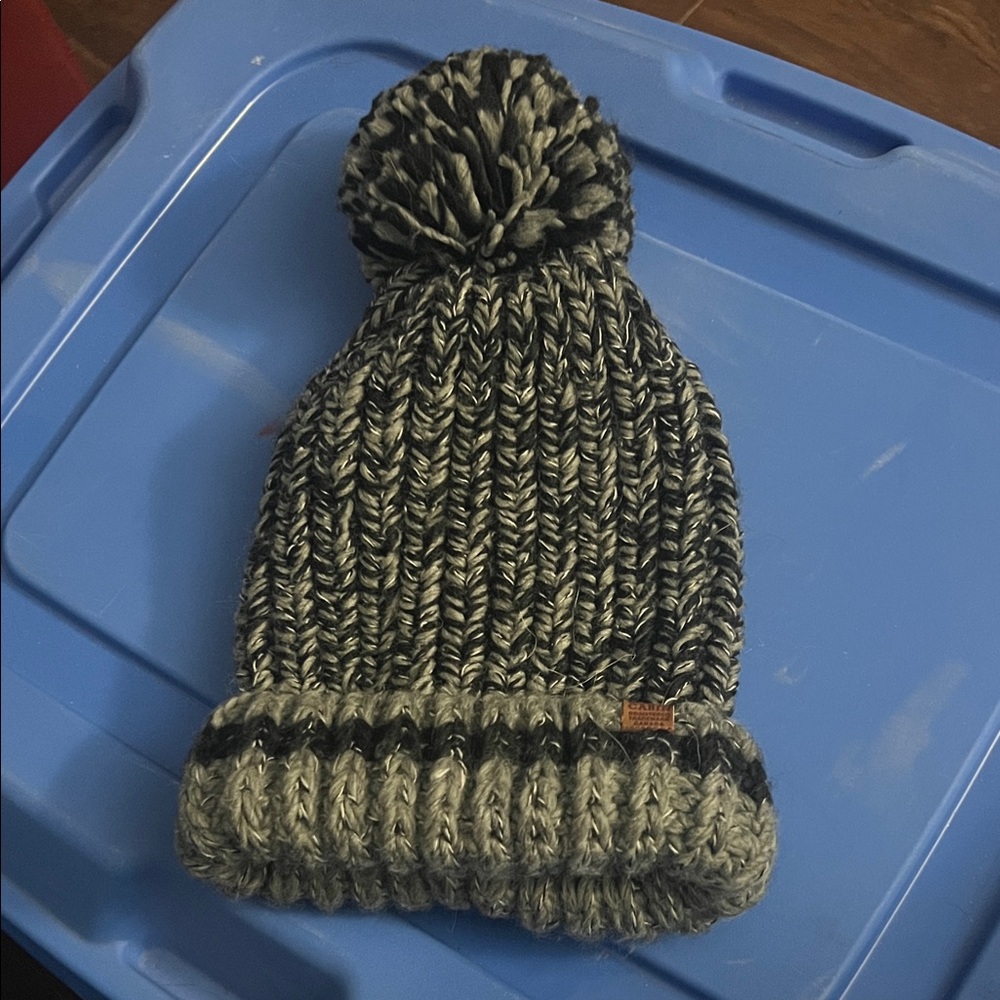 Roots Black and Gray Knit Beanie with Pom-Pom